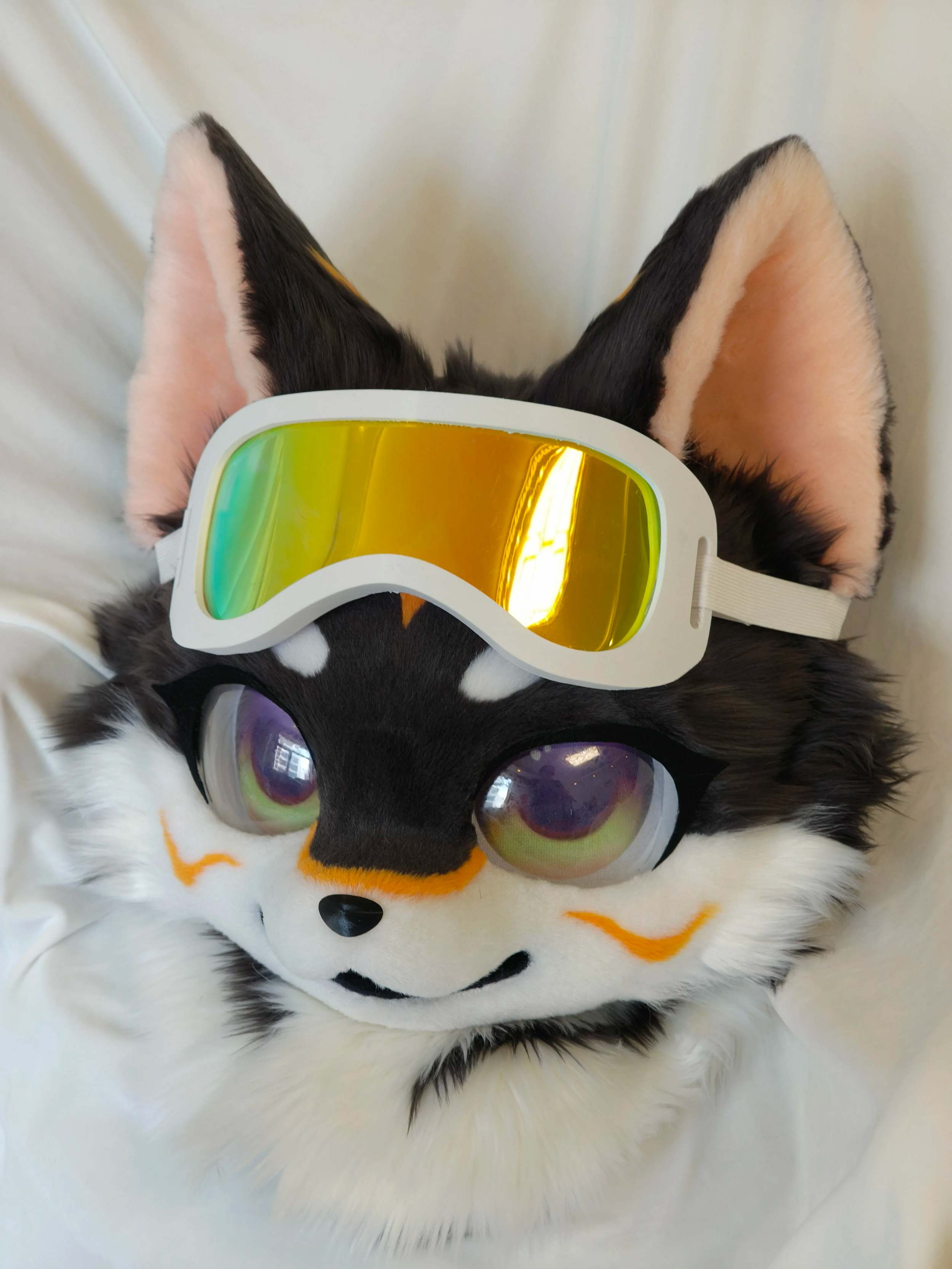 Black wolf fursuit head with ski goggles custom handmade commission