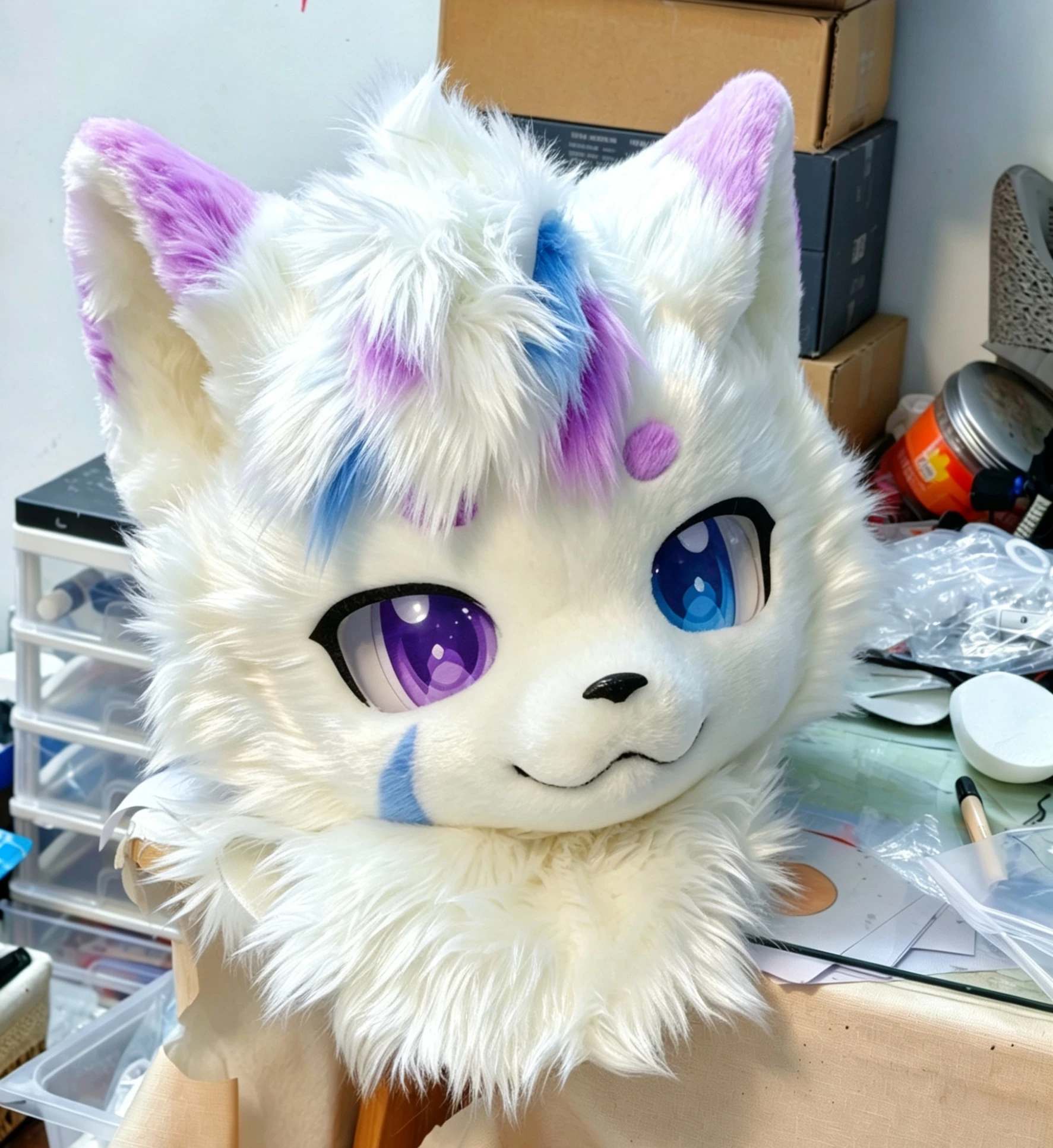 White kemono cat fursuit head with galaxy eyes WIP custom handmade commission