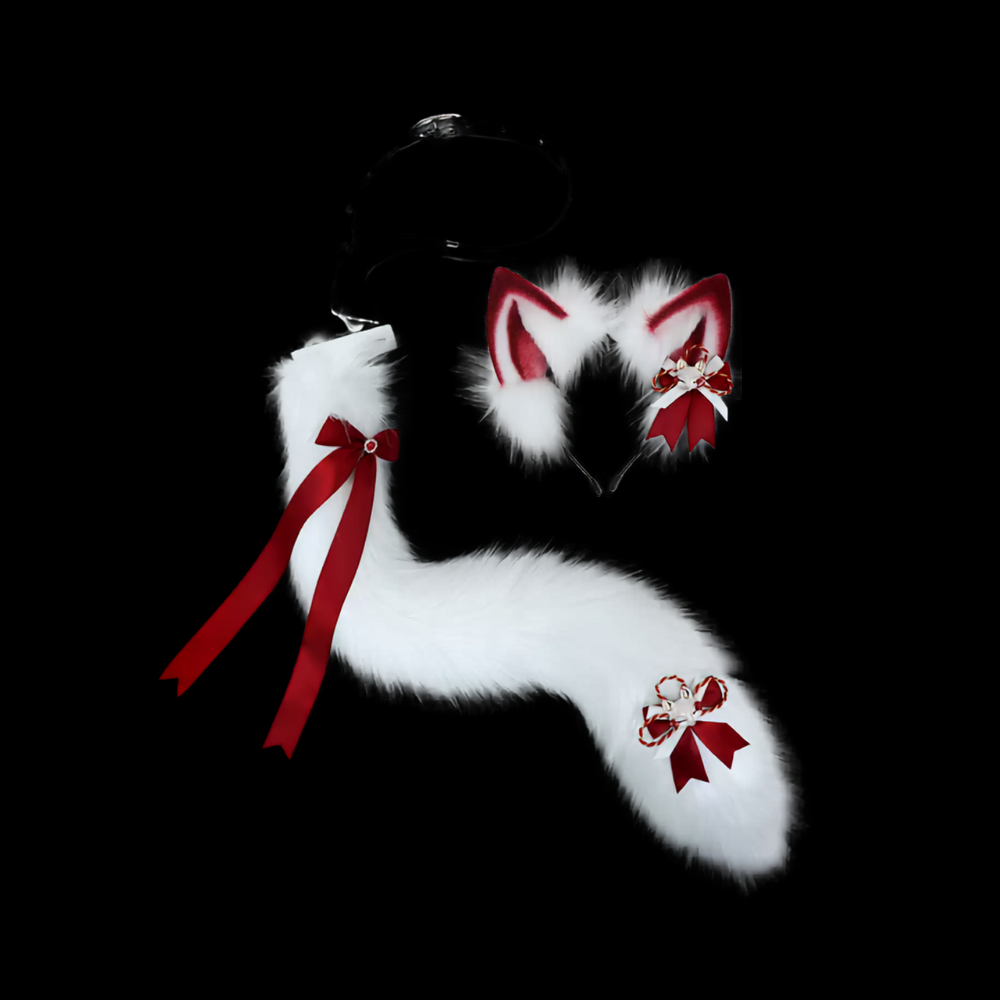 Burgundy White Fox Ear & Tail Bundle thumbnail 1