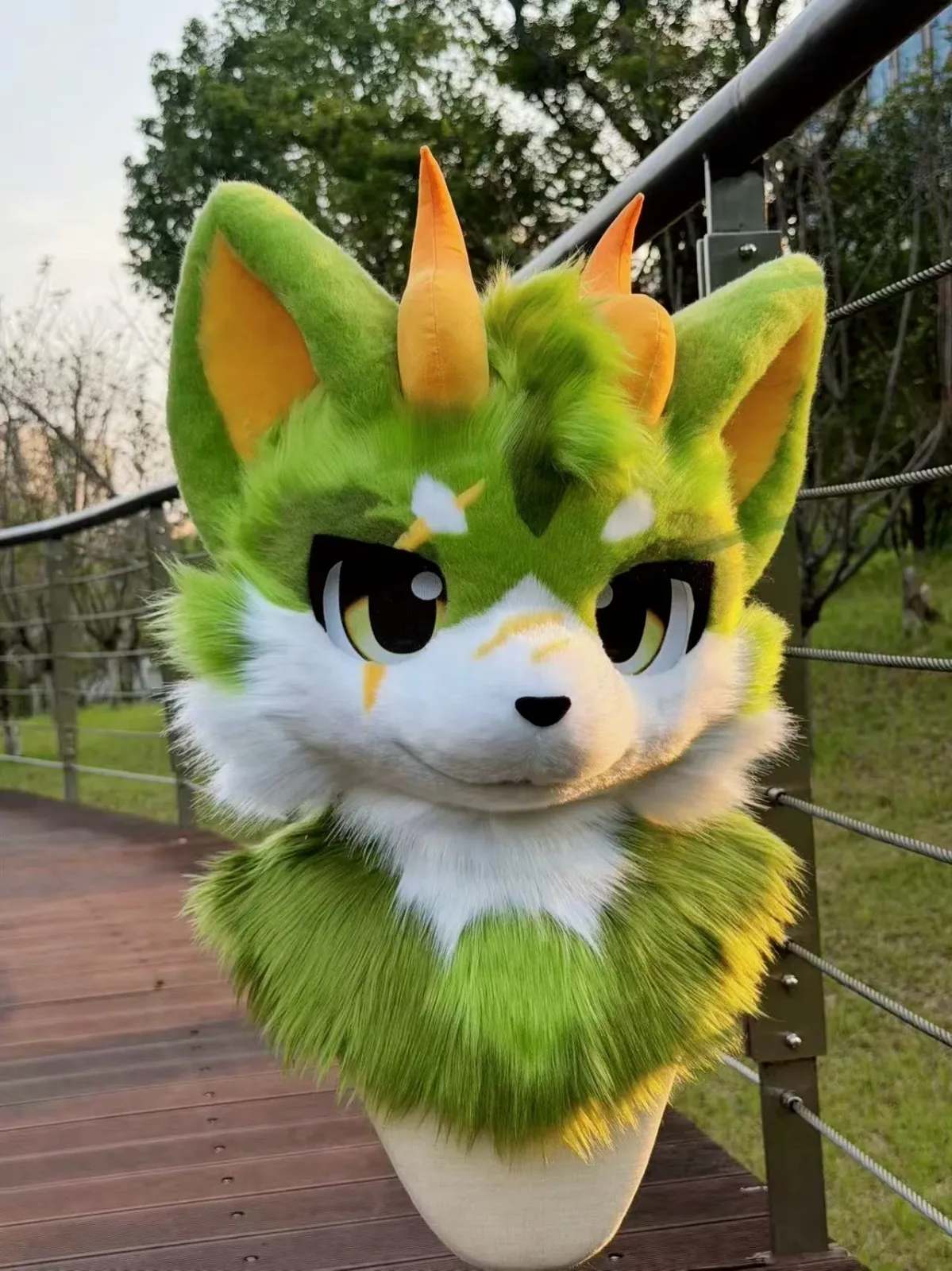 Lime Blaze Dragon Kemono Fursuit Head thumbnail 1