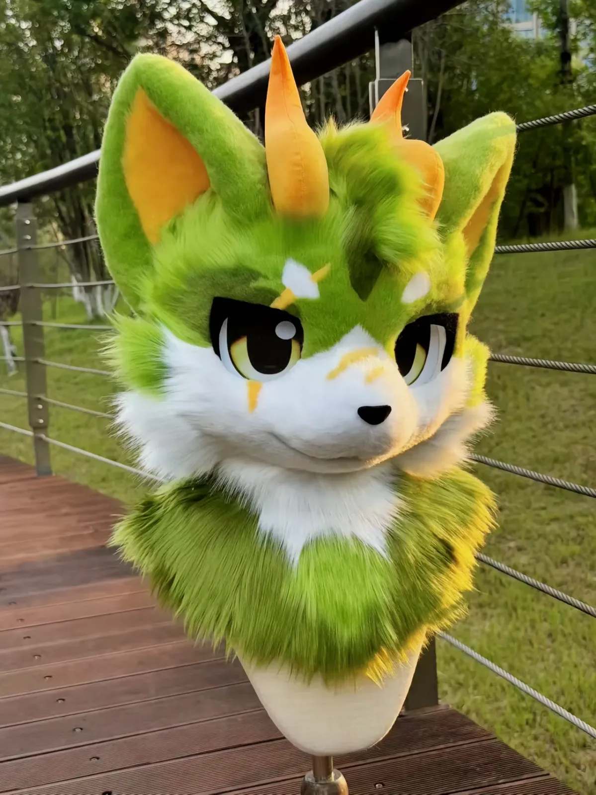 Lime Blaze Dragon Kemono Fursuit Head thumbnail 4