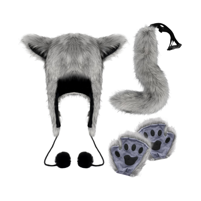 Silver Wolf Small Ear Hat, Tail & Paw Accessory Set